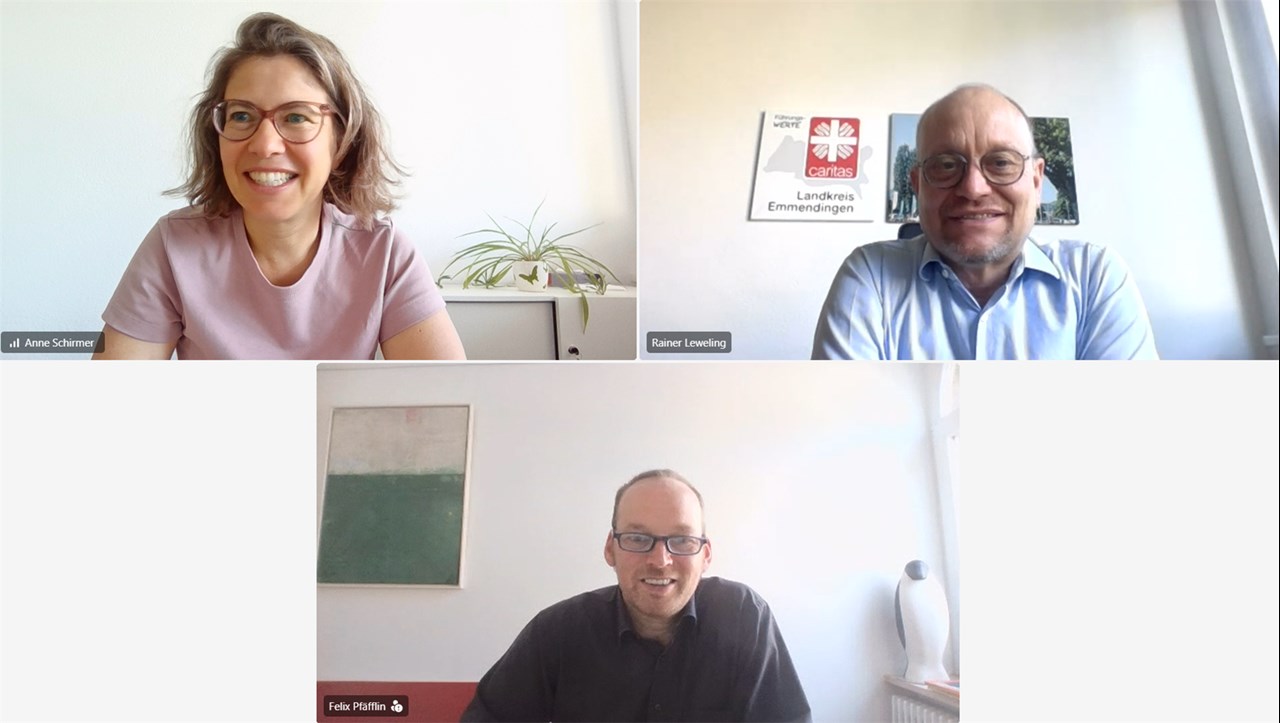 Screenshot des Online-Austauschs mit Felix Pfäfflin von der Agentur sowie Rainer Leweling, Vorstand und Anne Schirmer, Vorstandsreferentin.