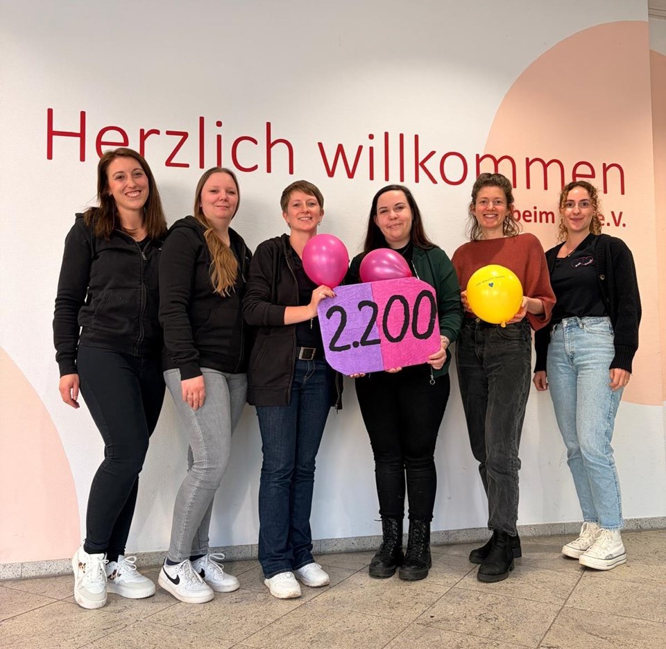 6 Personen stehen nebeneinander, 2 Personen halten ein Schild mit der Zahl 2200 in der Hand