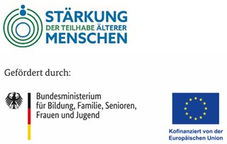 Logo des Projekts "Stärkung der Teilhabe älterer Menschen" sowie des Bundesministeriums für Bildung, Familie, Senioren, Frauen und Jugend in KOmbination mit der Logo der Europäischen Union
