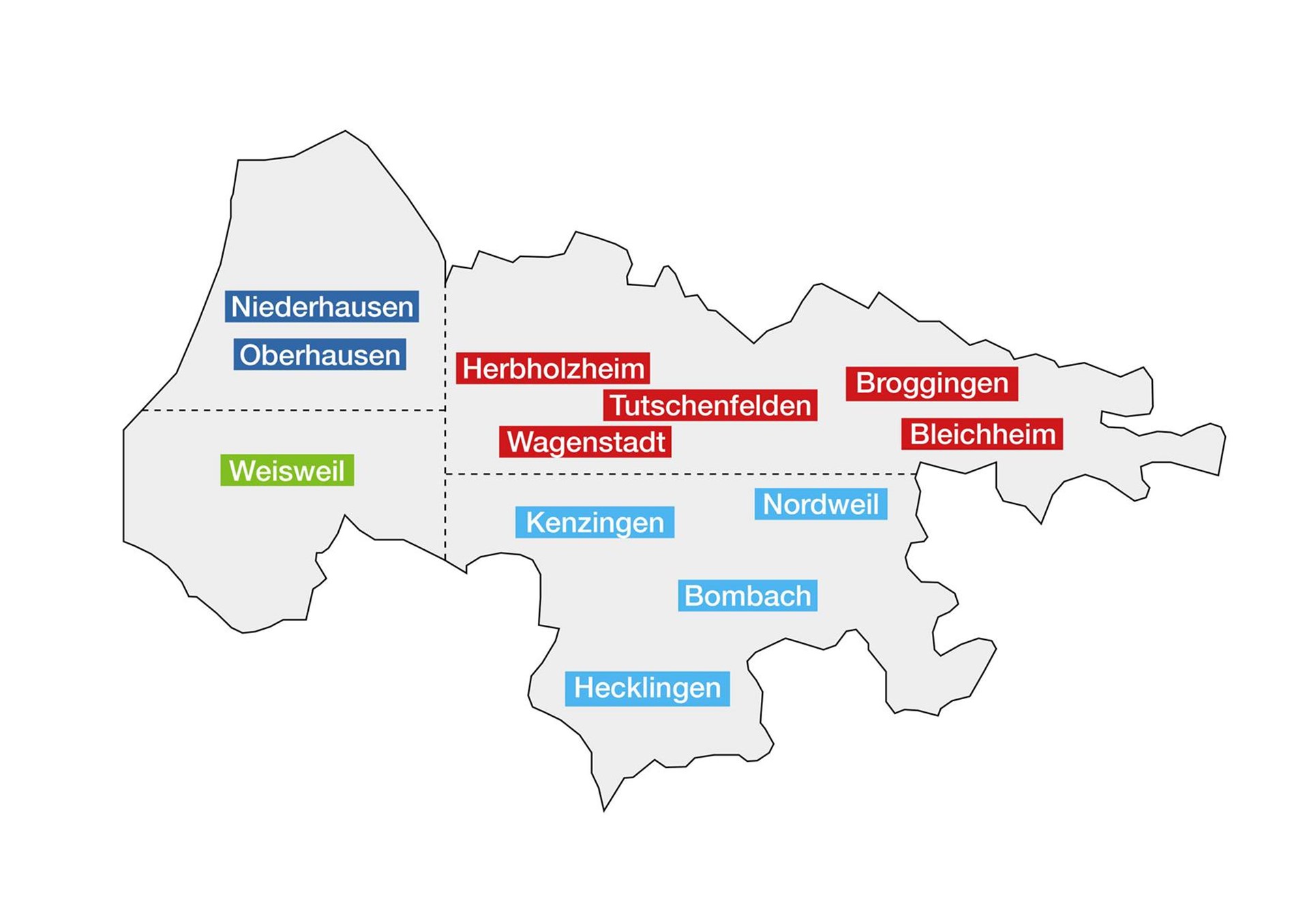 Das Bild zeigt eine Karte dss Einzugsgebiets der Sozialstation Herbolzheim mit den Ortsnamen.
